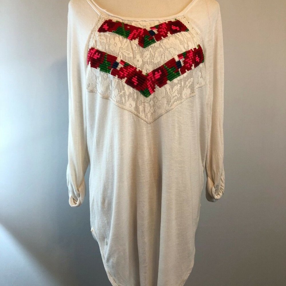 Free People Cream Embroidered Knit Top